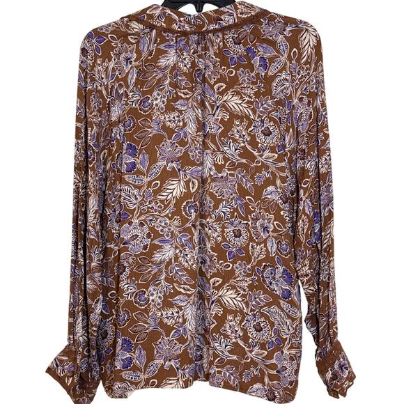 NWT Democracy Large Top Long Sleeve Button Up Brown Cream Purple Floral Lace - Picture 2 of 7